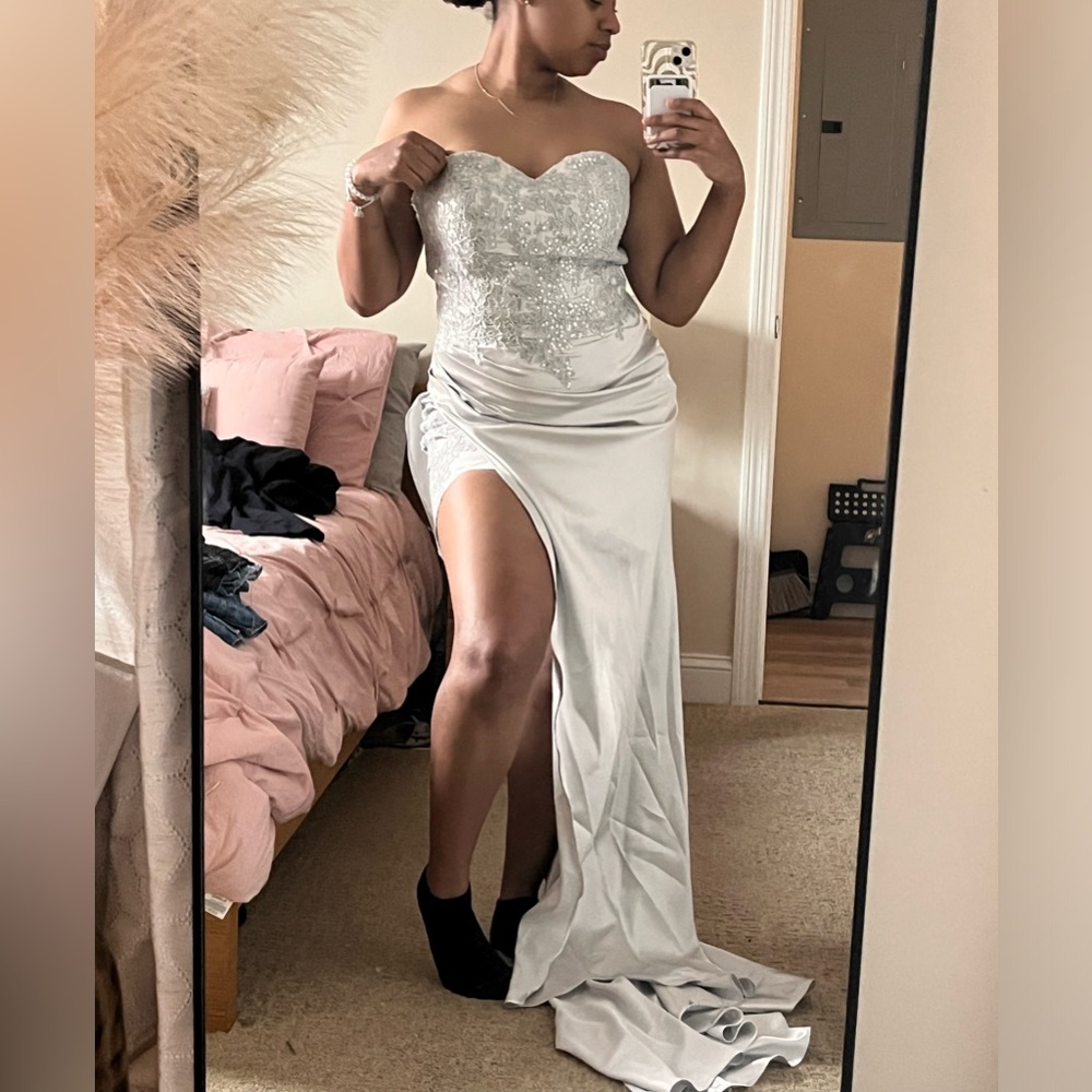 Hebeos Silver Bodycon High-slit Dress (size 8)